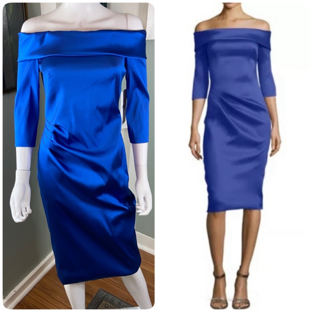 NWT Theia Couture Off-Shoulder Blue Formal Sheath Midi Dress Stretch Satin Sz 4